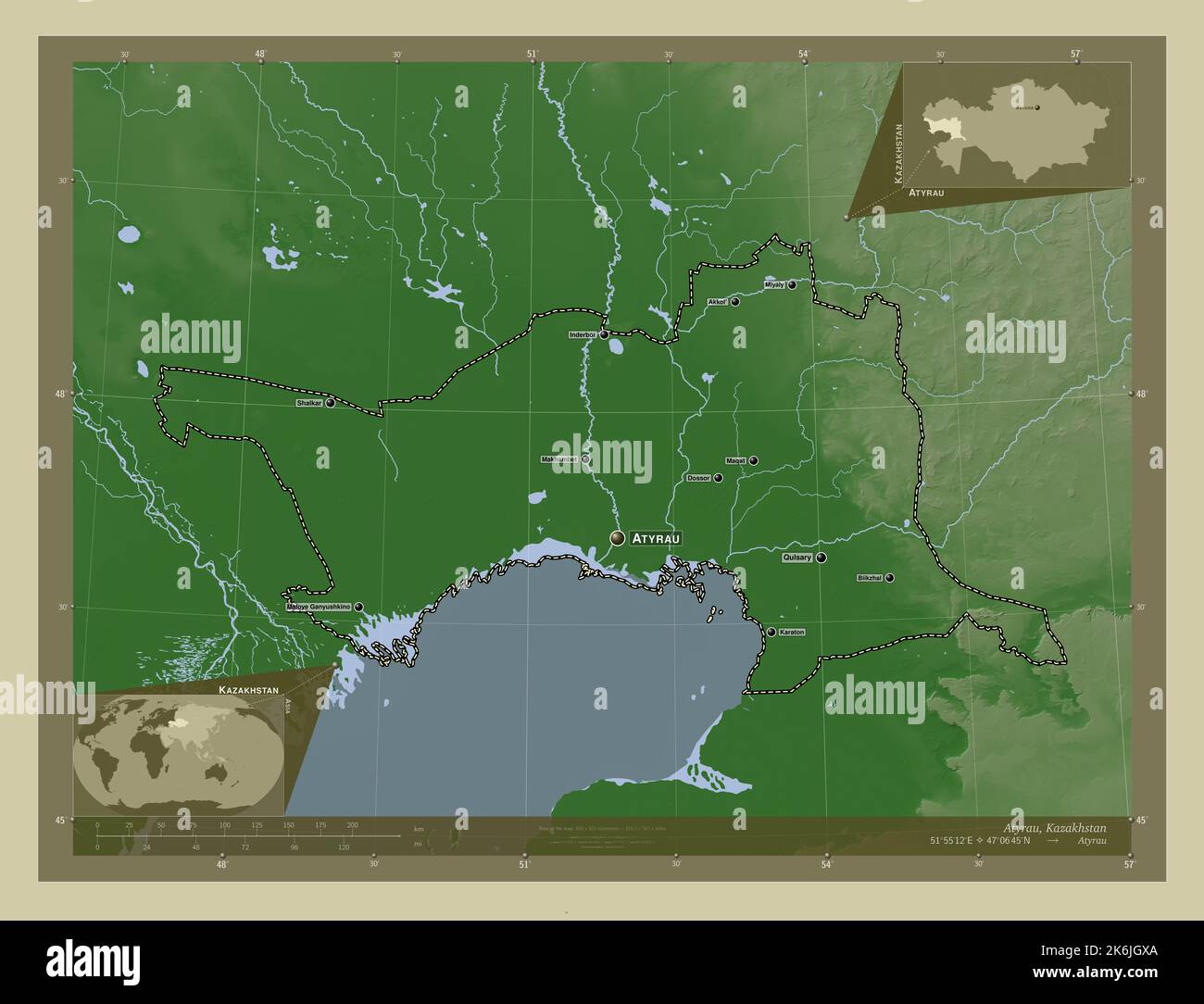 Atyrau, region of Kazakhstan. Elevation map colored in wiki style with ...