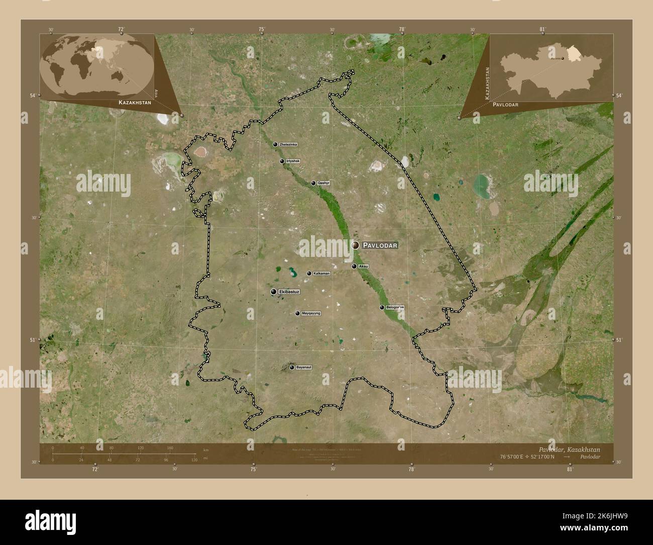 Pavlodar, region of Kazakhstan. Low resolution satellite map. Locations ...