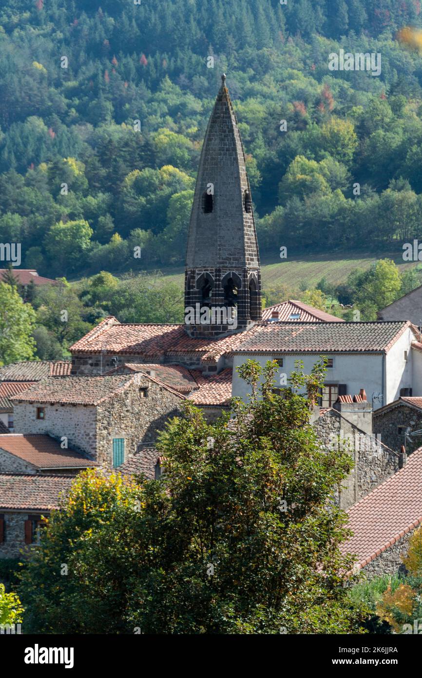 Typical steeple of Saint-Cirgues. Haut-Allier. Haute-Loire. Auvergne Rhone Alpes. France Stock Photo