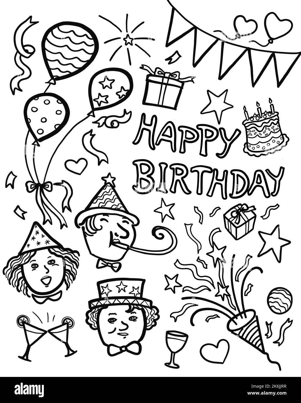 Illustration black and white line drawing of group of young people celebrate birthday party. Happy birthday celebration concept. Stock Photo