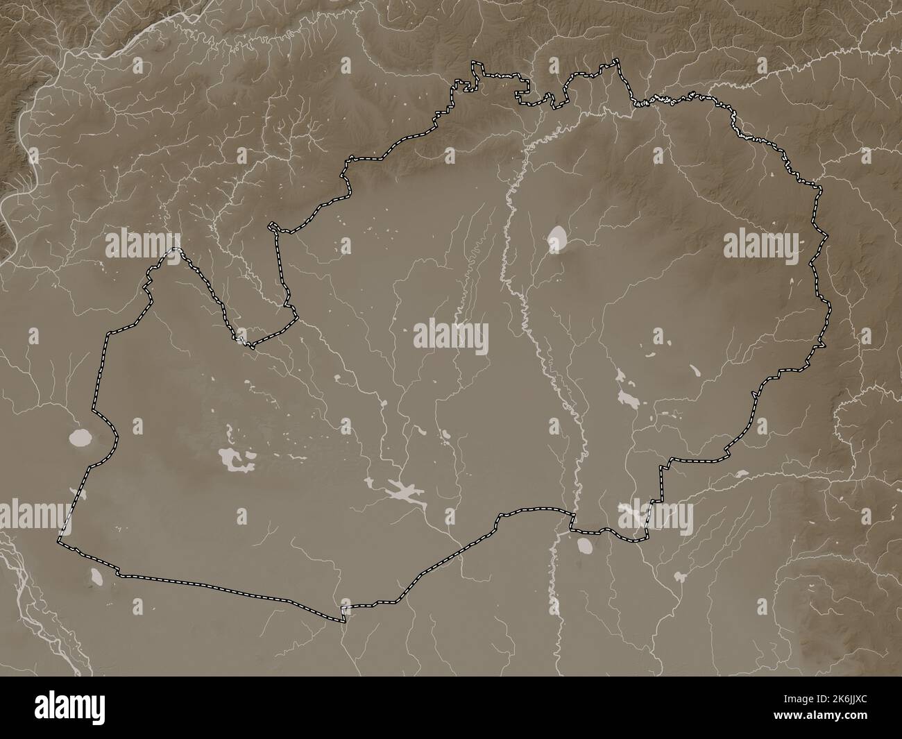 West Kazakhstan, region of Kazakhstan. Elevation map colored in sepia