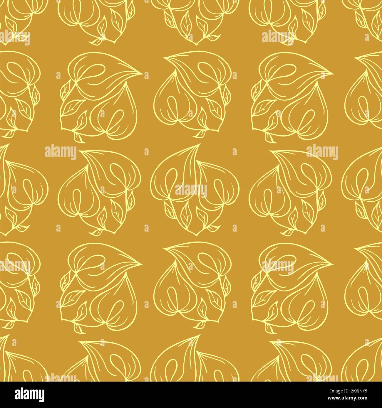 seamless contour pattern of large beige graphic flowers on a mustard ...