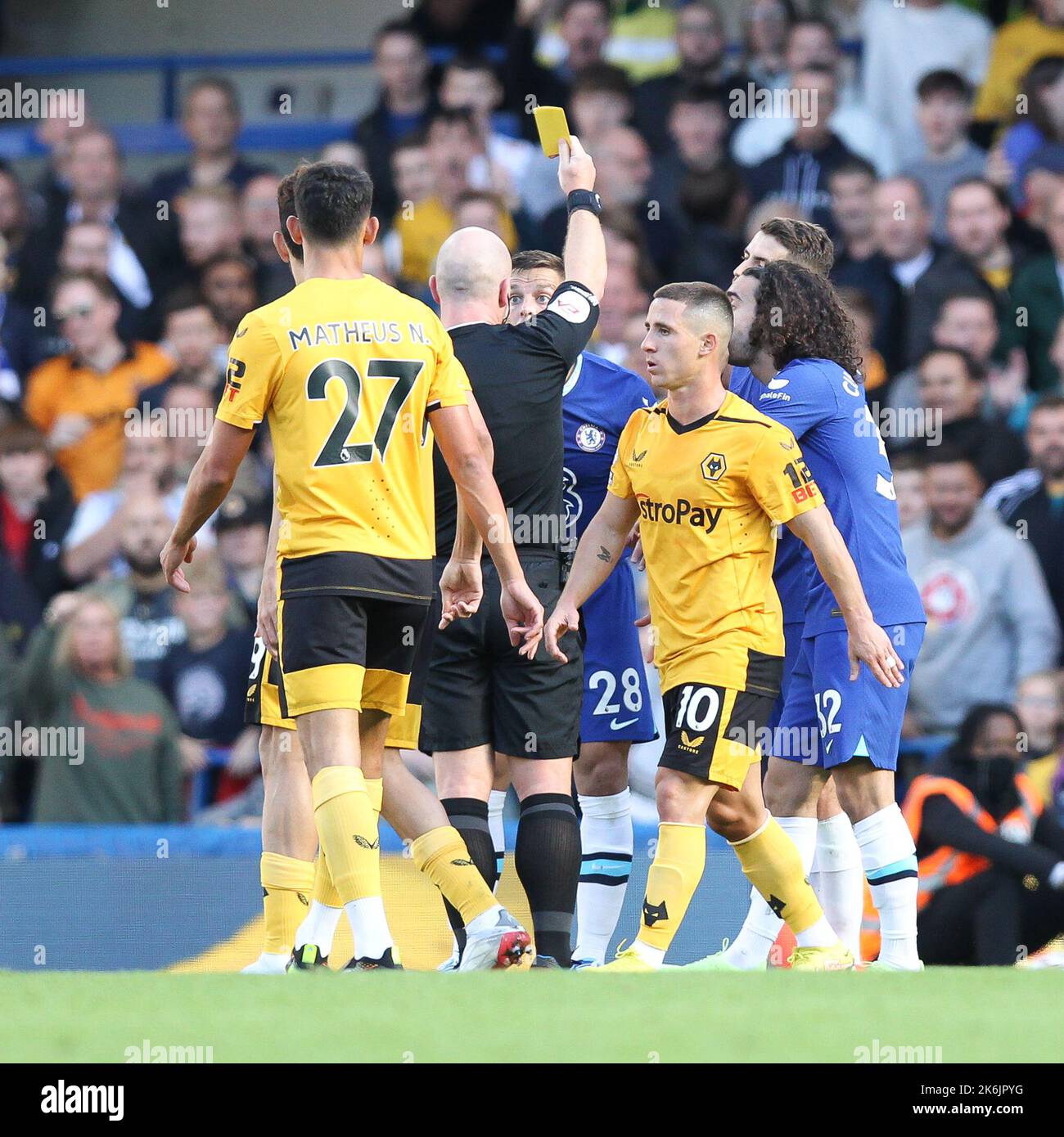 London, UK. 14th Oct, 2022. Csar Azpilicueta of Chelsea is shown a yellow card for a challenge on Diego Costa of Wolverhampton Wanderers during the Premier League match between Chelsea and Wolverhampton Wanderers at Stamford Bridge, London, England on 8 October 2022. Photo by Ken Sparks. Editorial use only, license required for commercial use. No use in betting, games or a single club/league/player publications. Credit: UK Sports Pics Ltd/Alamy Live News Stock Photo