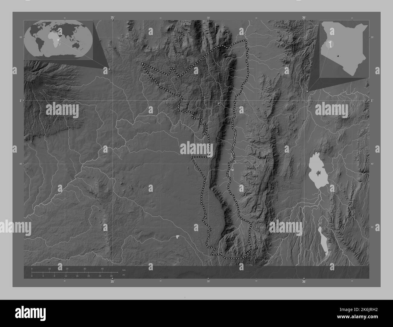 ElgeyoMarakwet, county of Kenya. Grayscale elevation map with lakes