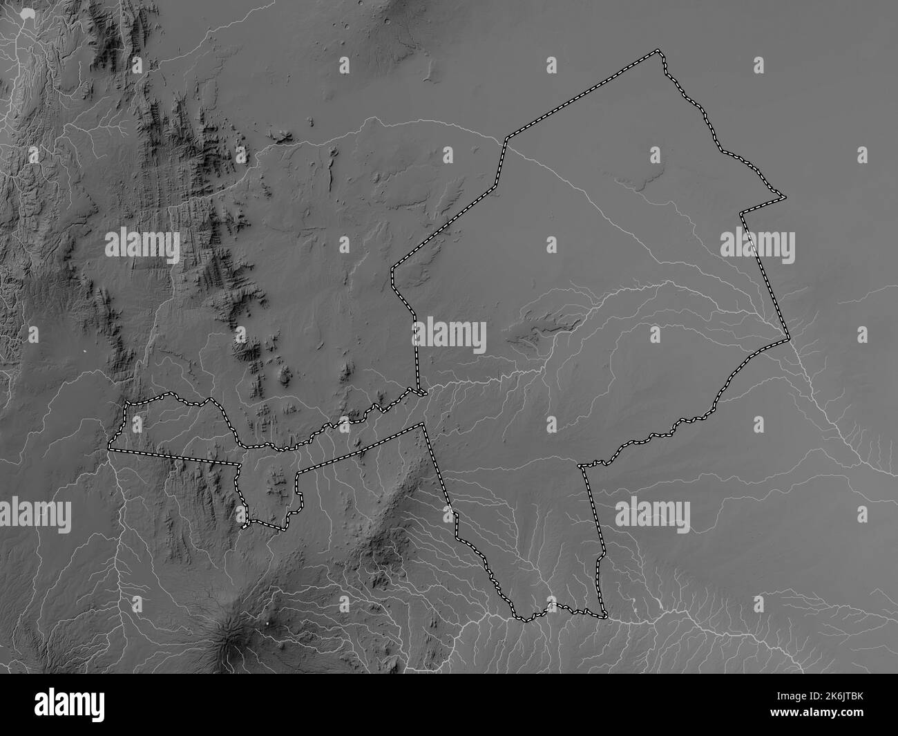 Isiolo, county of Kenya. Grayscale elevation map with lakes and rivers