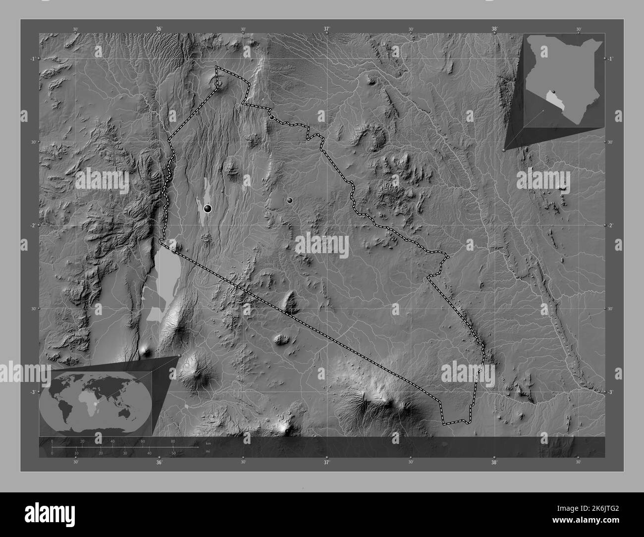 Kajiado, county of Kenya. Bilevel elevation map with lakes and rivers