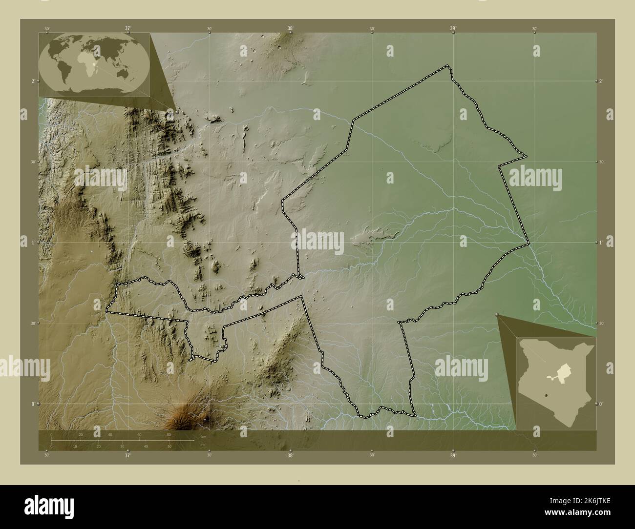 Isiolo, county of Kenya. Elevation map colored in wiki style with lakes