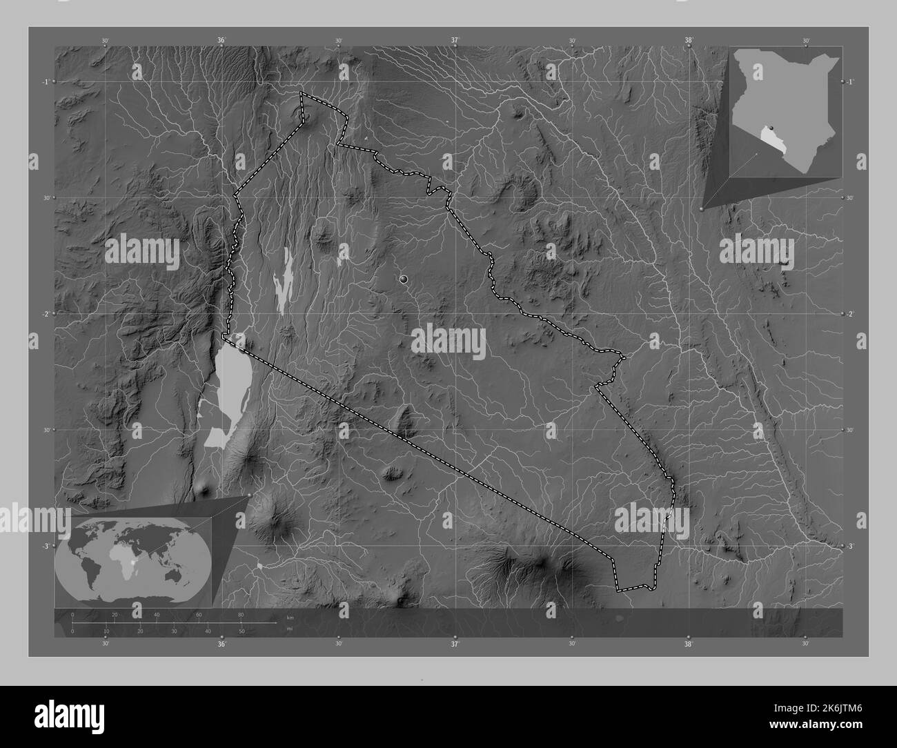 Kajiado, county of Kenya. Grayscale elevation map with lakes and rivers