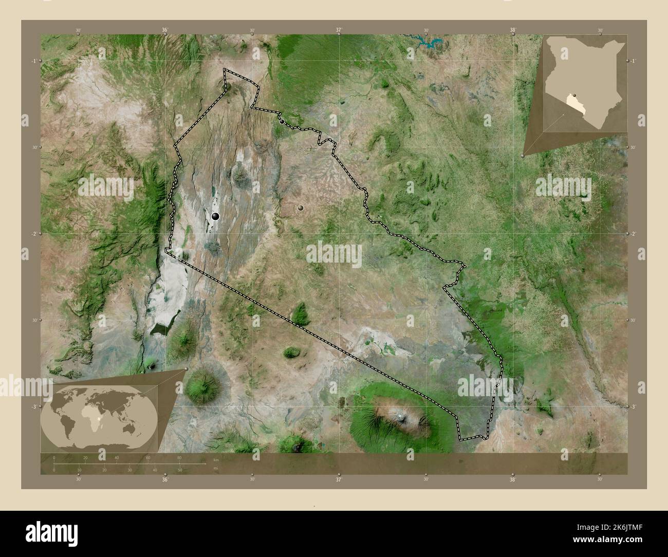 Kajiado, county of Kenya. High resolution satellite map. Locations of