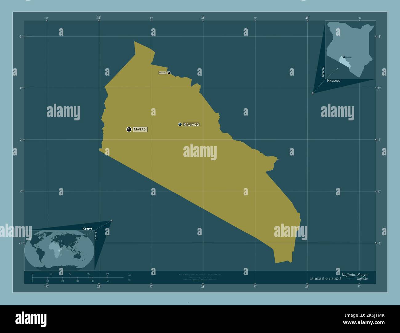 Kajiado, county of Kenya. Solid color shape. Locations and names of