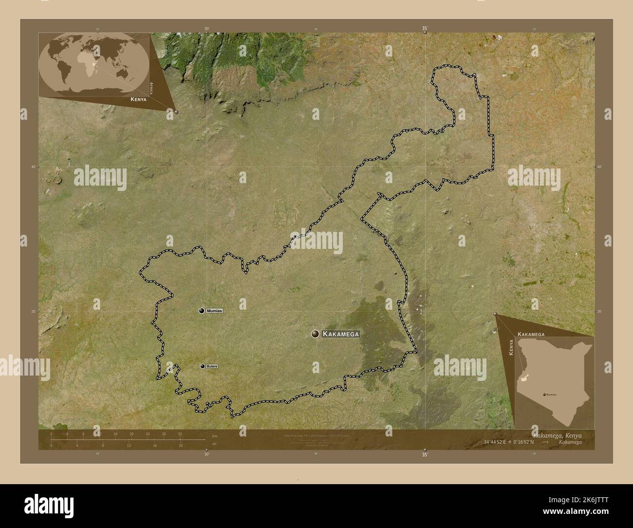 Kakamega, county of Kenya. Low resolution satellite map. Locations and ...
