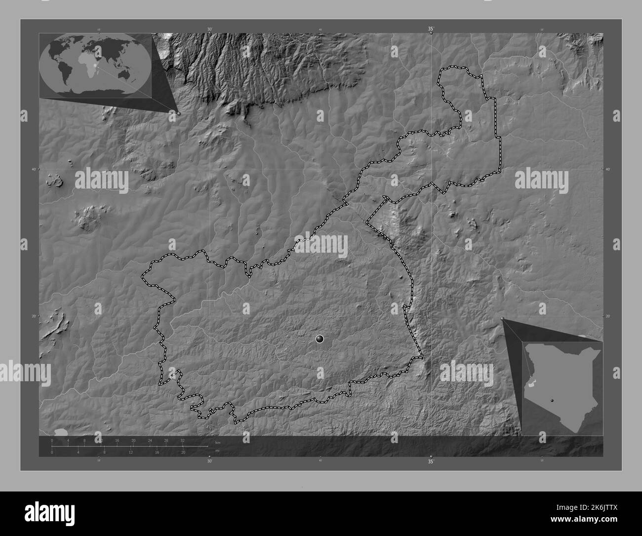 Kakamega, county of Kenya. Bilevel elevation map with lakes and rivers ...
