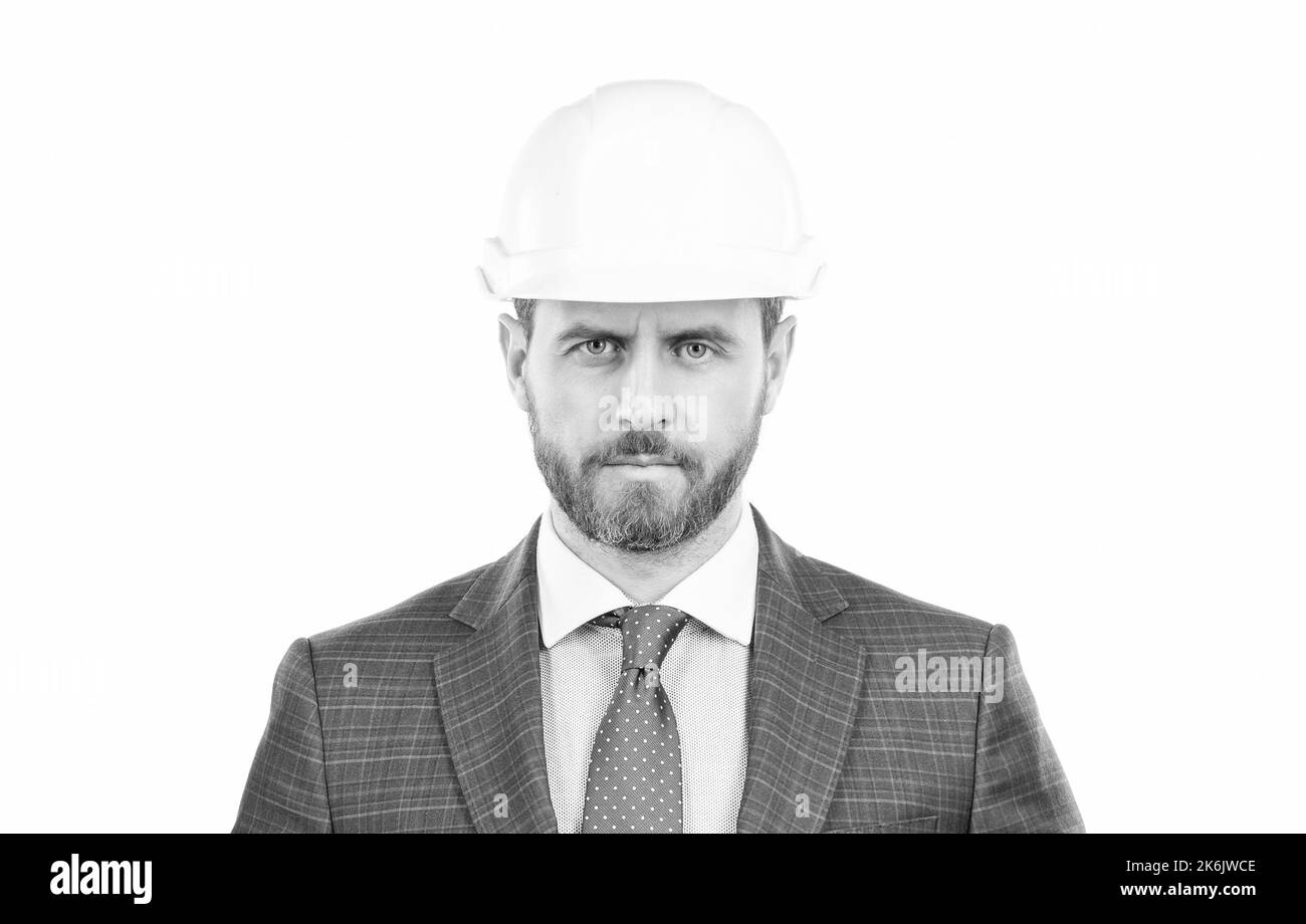 Reliable building. Portrait of engineer. Civil engineer with serious face. Constructor Stock Photo