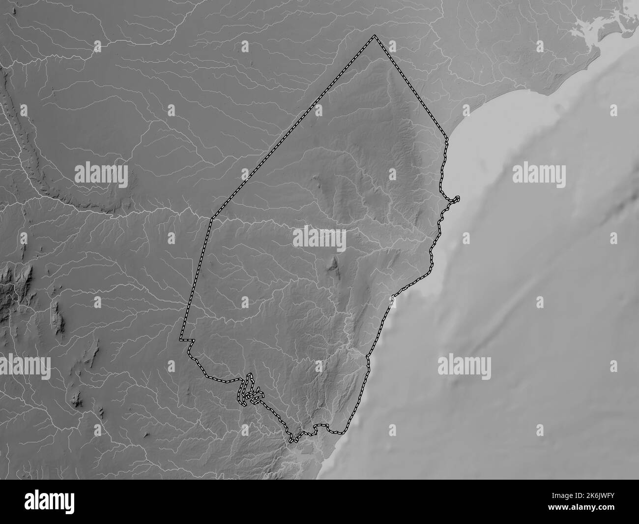 Kilifi, county of Kenya. Grayscale elevation map with lakes and rivers