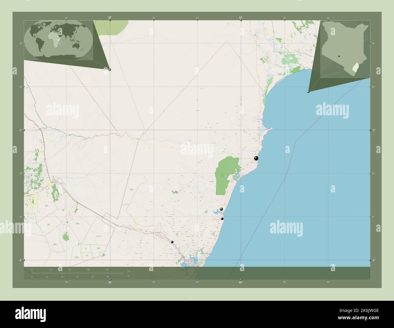 Kilifi, county of Kenya. Open Street Map. Locations of major cities of ...