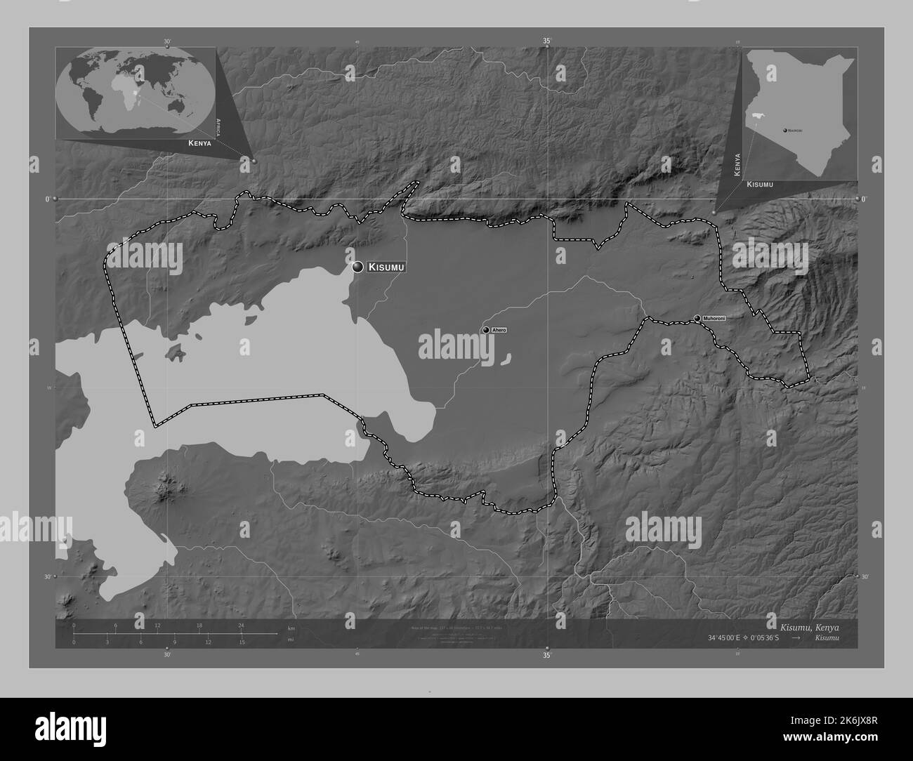 Kisumu, county of Kenya. Grayscale elevation map with lakes and rivers