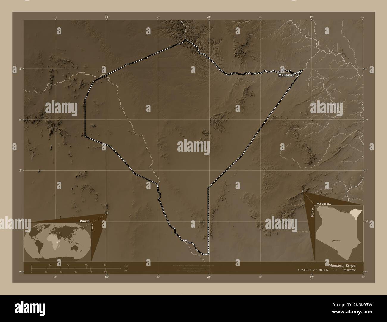 Mandera, county of Kenya. Elevation map colored in sepia tones with ...