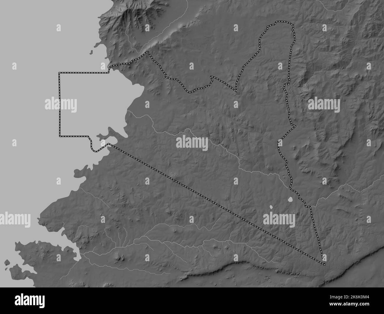 Migori, county of Kenya. Grayscale elevation map with lakes and rivers