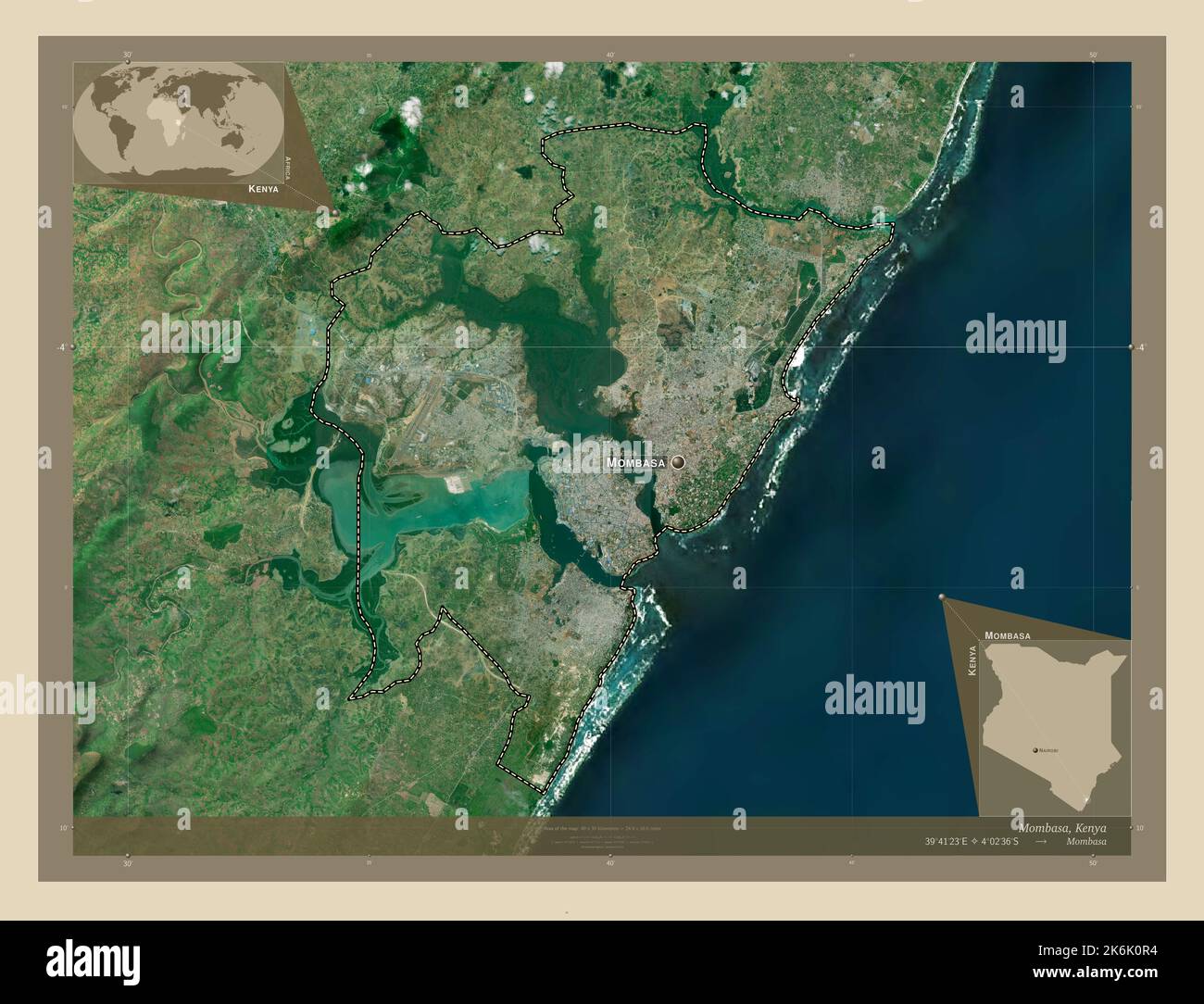 Mombasa, county of Kenya. High resolution satellite map. Locations and names of major cities of
