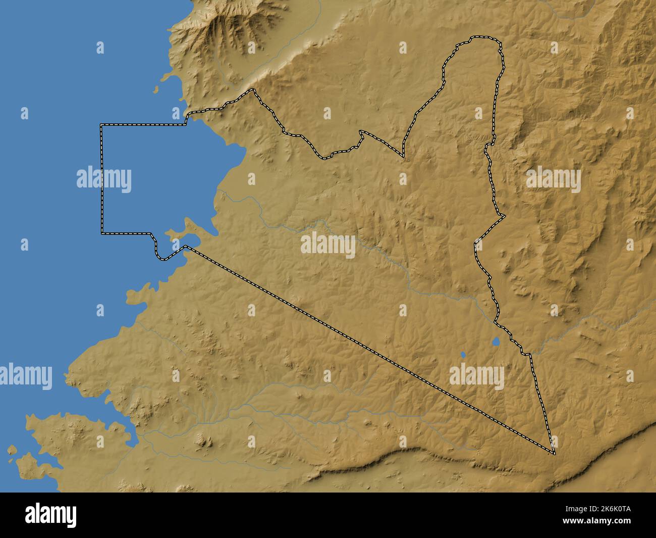 Migori, county of Kenya. Colored elevation map with lakes and rivers