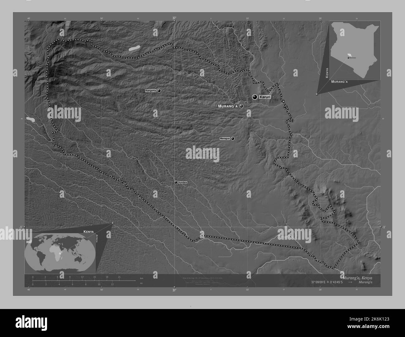 Mu Rang Location Murang'a, county of Kenya. Grayscale elevation map with lakes and ...