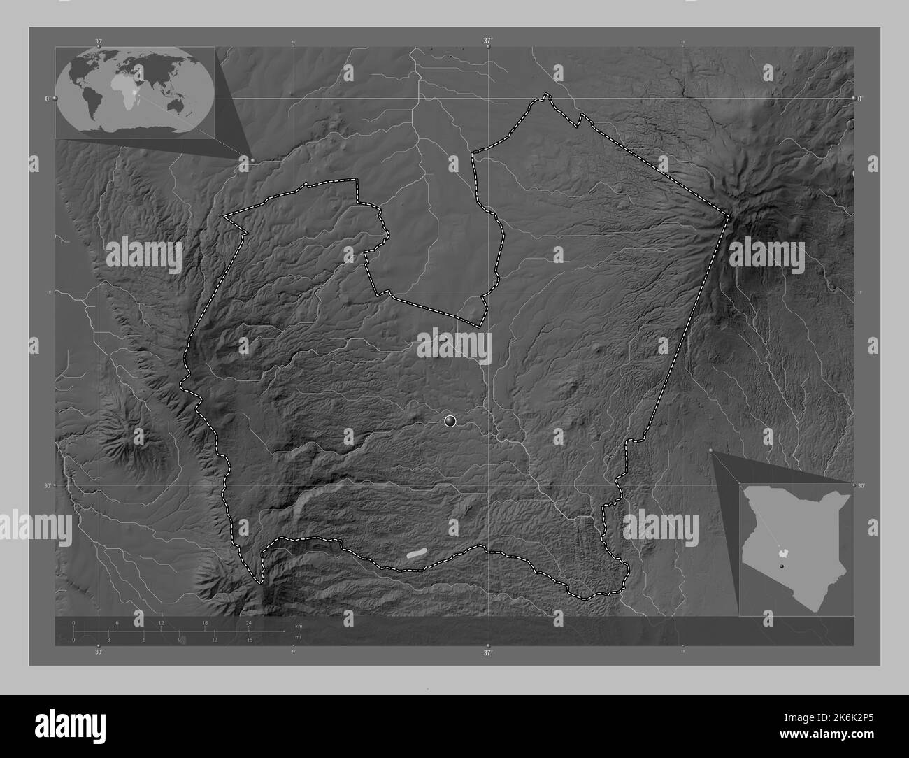 Nyeri, county of Kenya. Grayscale elevation map with lakes and rivers