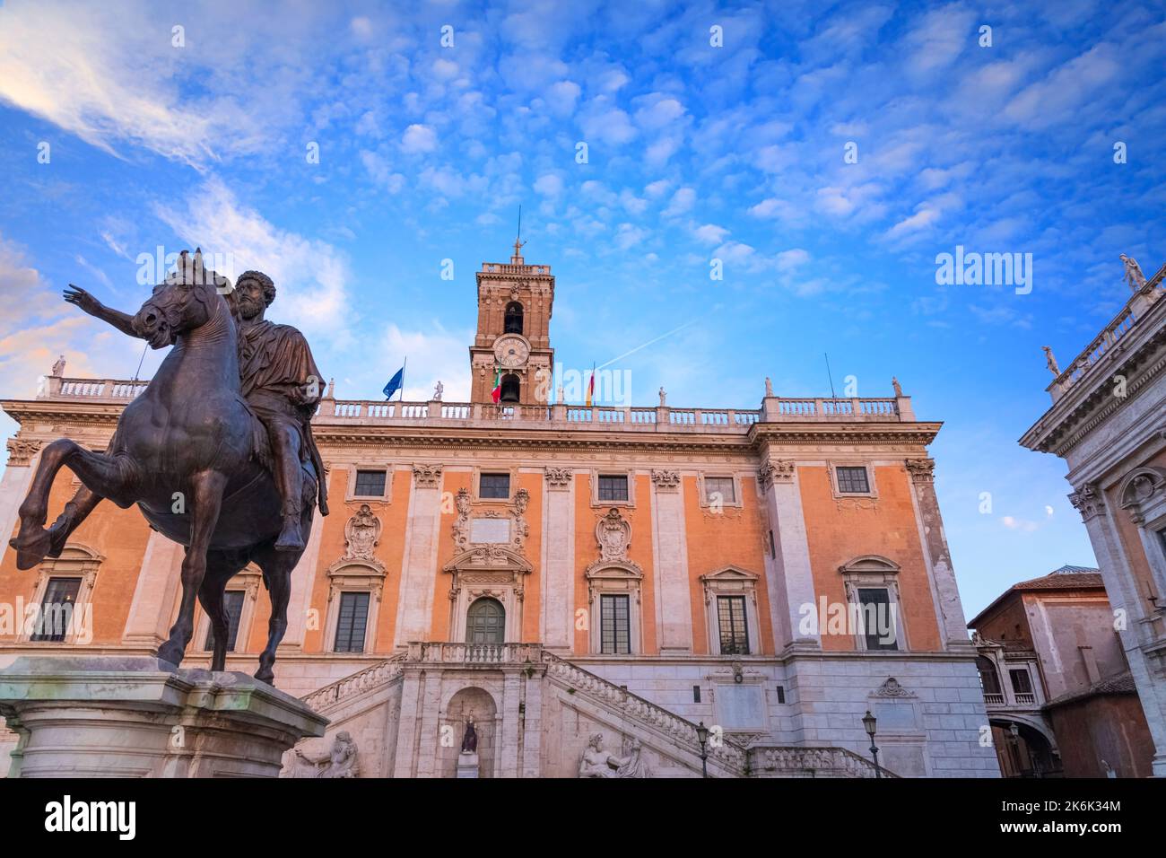 The Capitoline Hill in Rome, Italy: Statue of Roman Emperor Marcus Aurelius on horseback in front of the Palazzo Senatorio. Stock Photo
