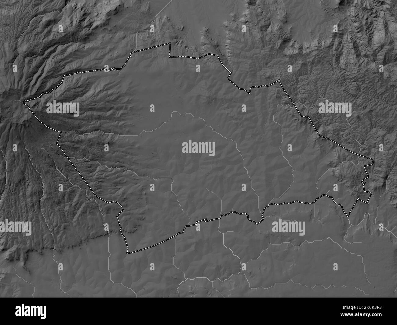 Trans Nzoia, county of Kenya. Grayscale elevation map with lakes and rivers Stock Photo