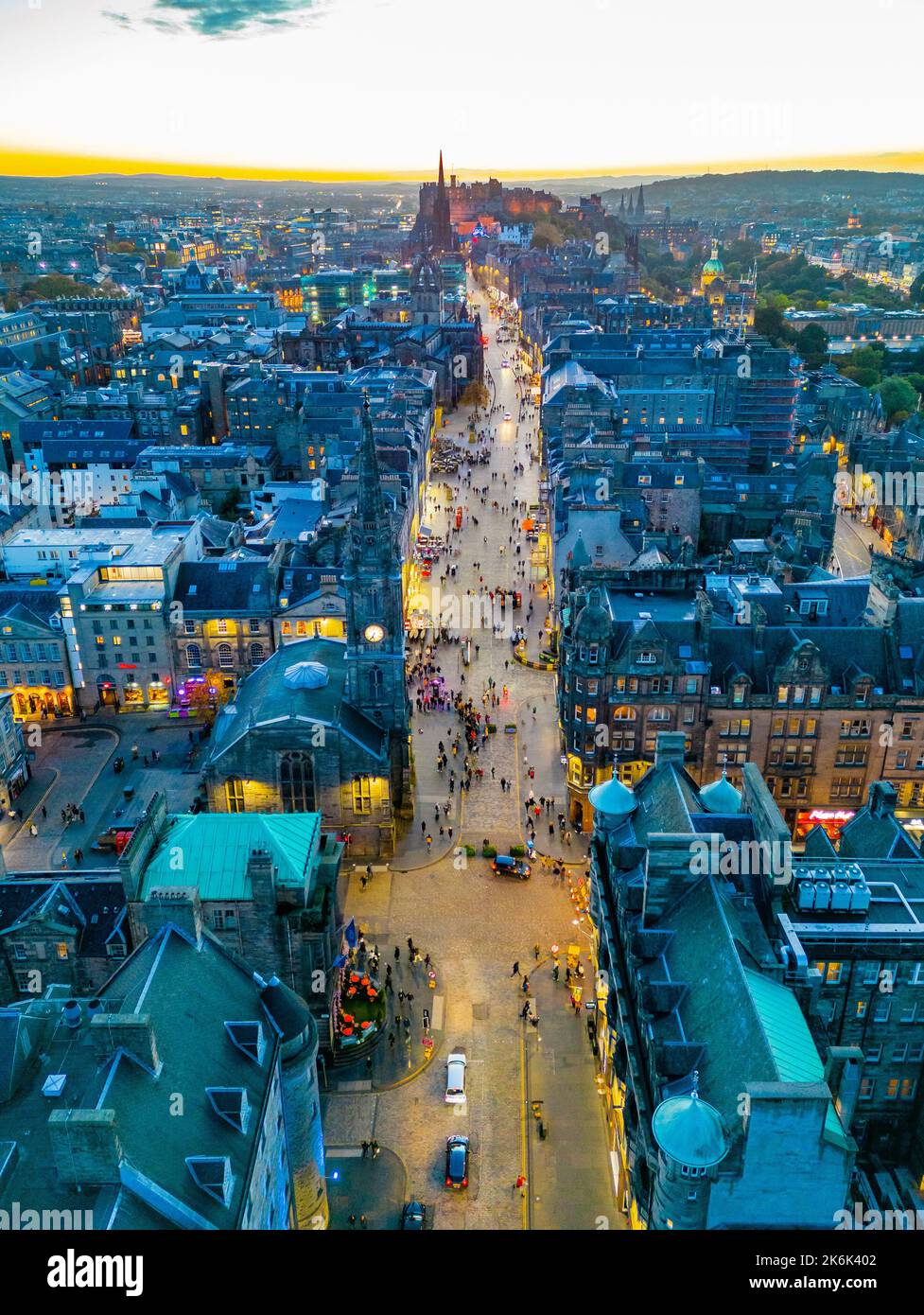 Aerial view at dusk of the Royal Mile in Edinburgh Old Town, Scotland, UK Stock Photo