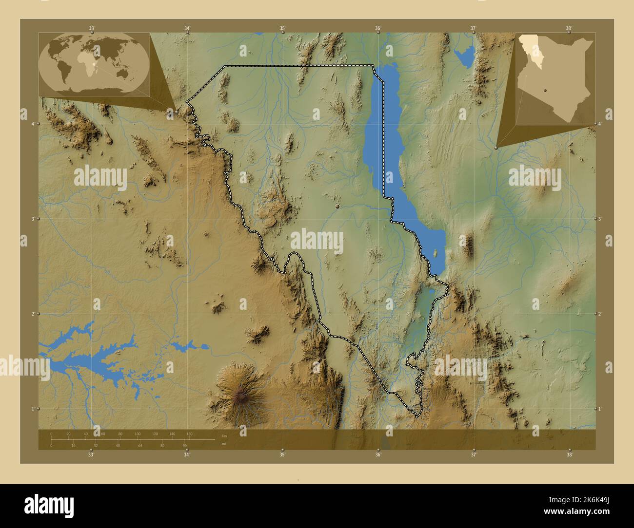 Turkana, county of Kenya. Colored elevation map with lakes and rivers ...