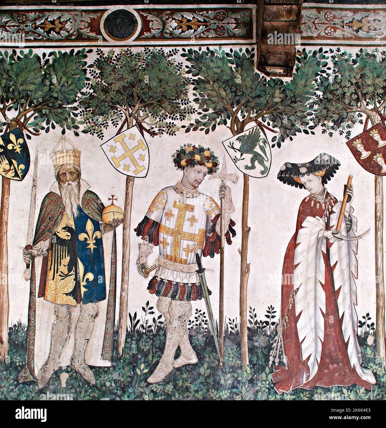 Manta Castle, Manta, Saluzzo, Piedmont, Italy. Fresco (1420) in the Baronial Hall. Charlemagne, Godfrey of Bouillon, Deipile. Stock Photo