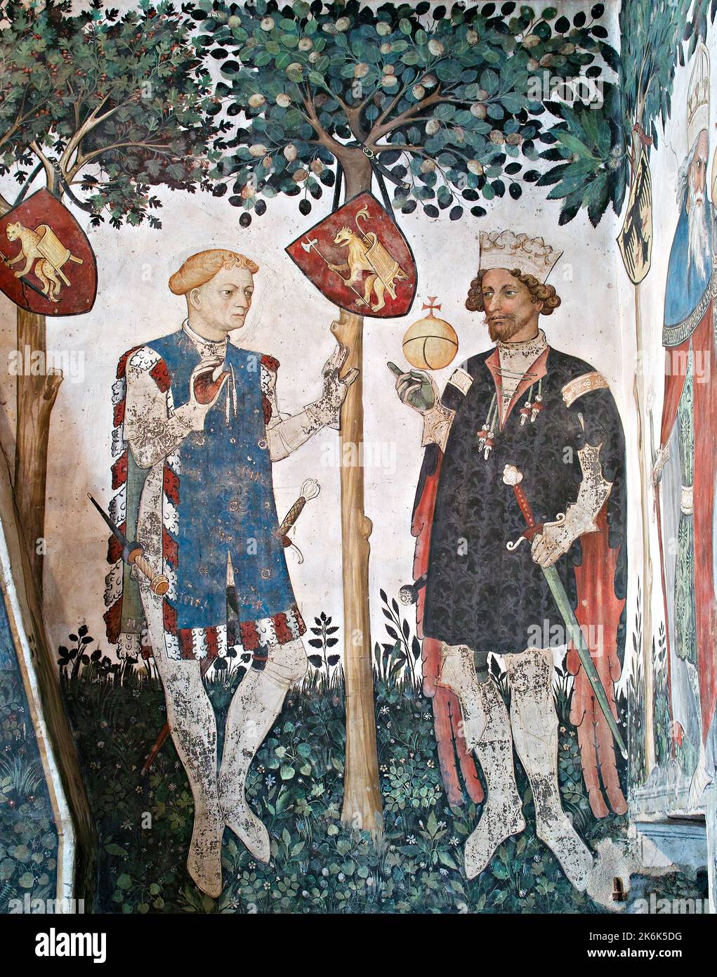 Manta Castle, Manta, Saluzzo, Piedmont, Italy. Fresco (1420) in the Baronial Hall. Hector and Alexander the Great. Stock Photo