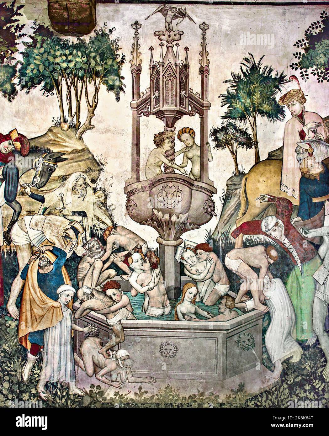 Manta Castle, Manta, Saluzzo, Piedmont, Italy. Fresco (1420) in the Baronial Hall. Youth Fountain. Stock Photo