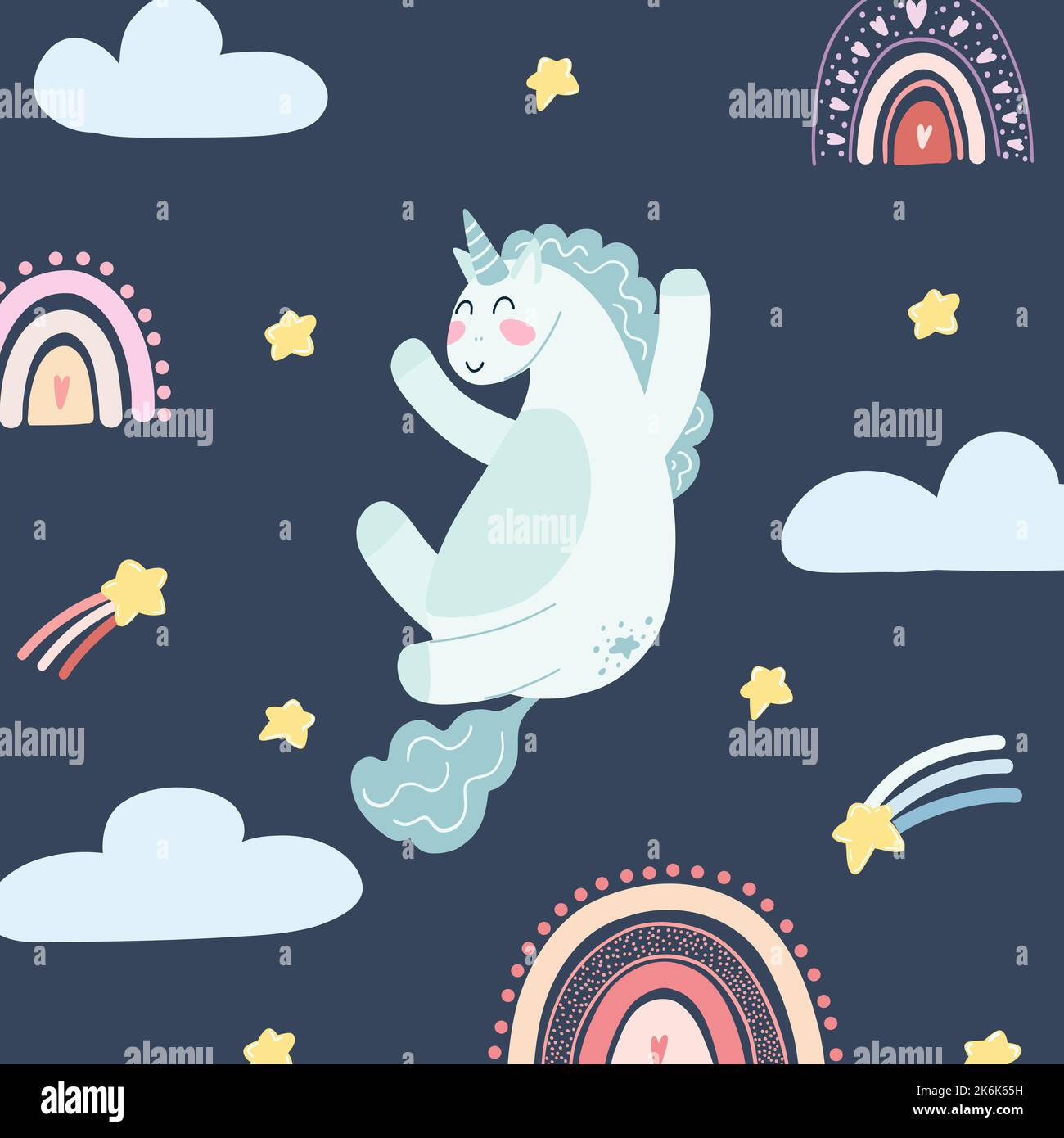 Cute unicorn with rainbows, falling stars and clouds in cartoon flat ...