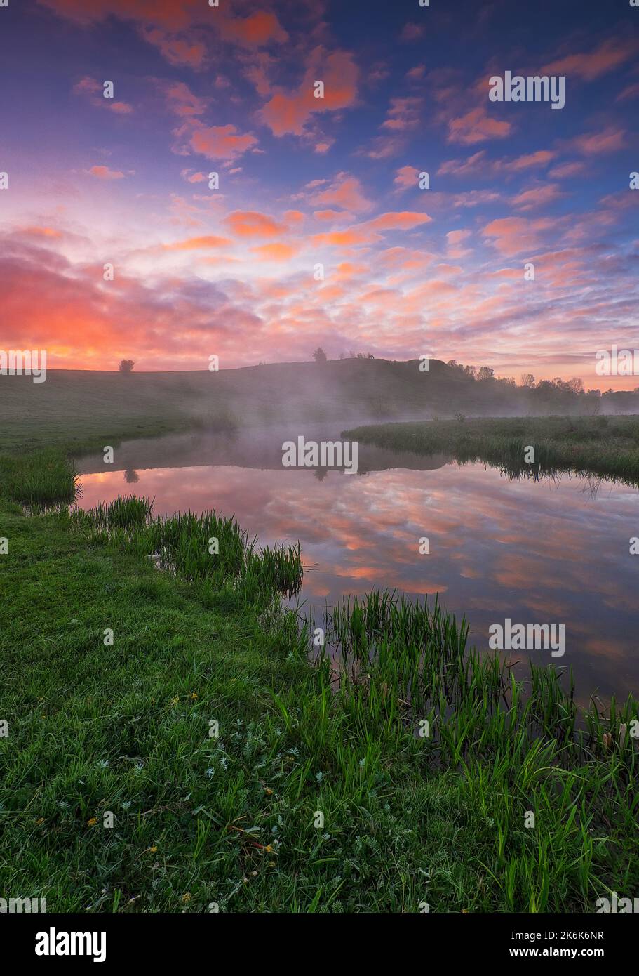 Beautiful spring sunrise over river bank. nature of Ukraine Stock Photo