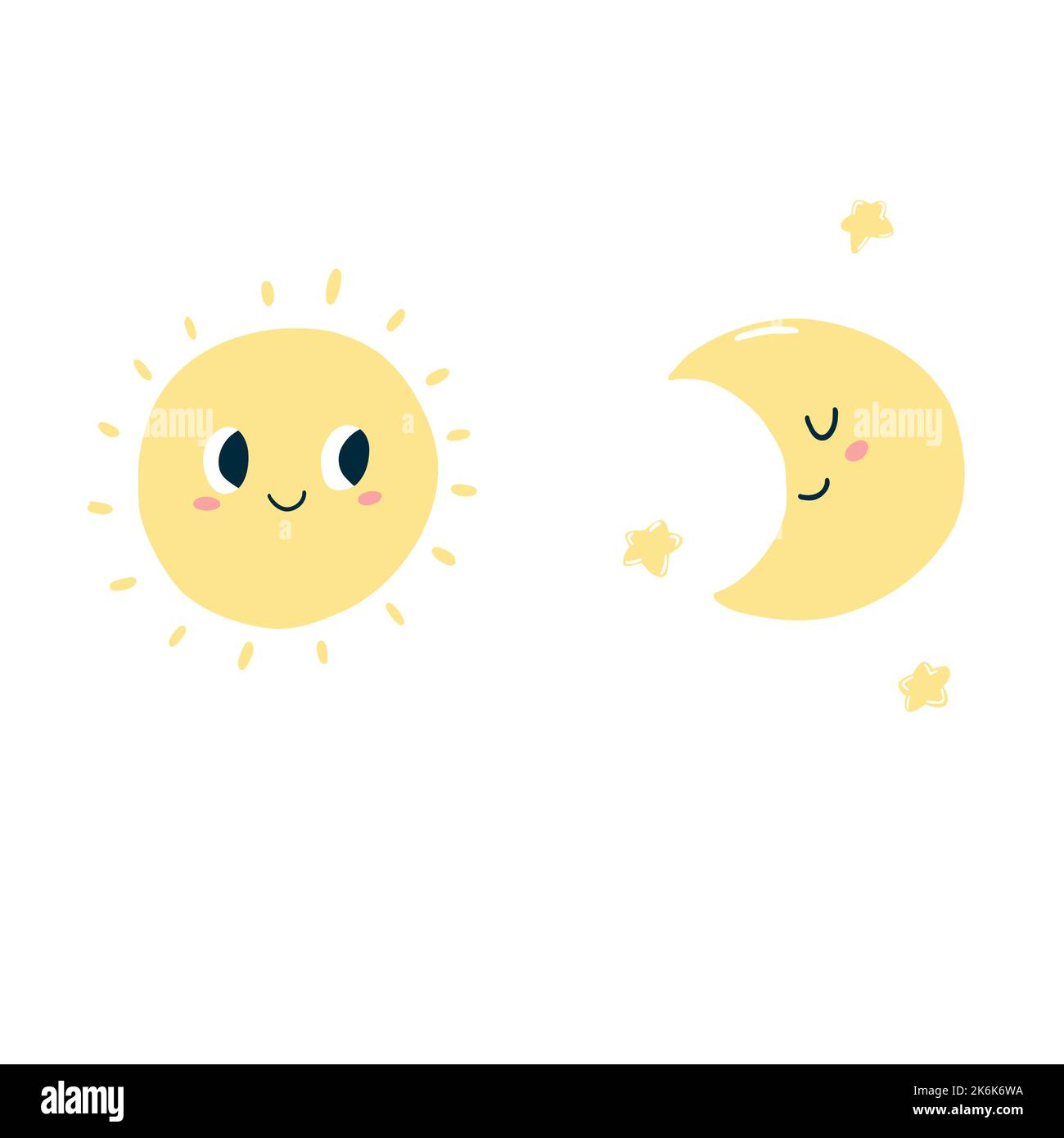 Cute kawaii sun, moon and stars in cartoon flat style. Vector illustration of kids icon with happy face for poster, fabric print, card, kids apparel. Stock Vector
