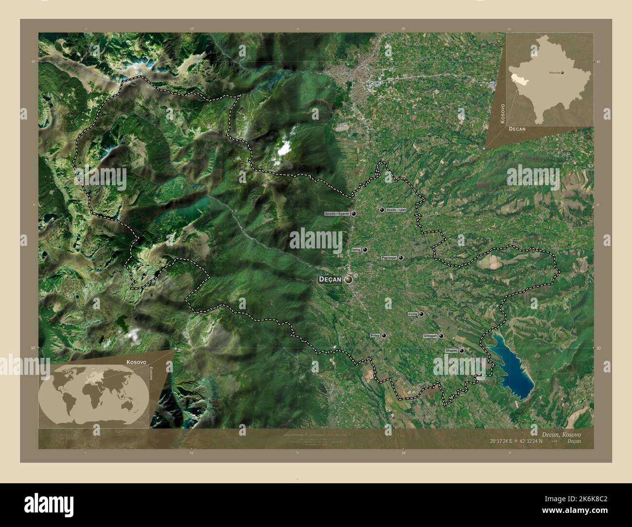 Decan, municipality of Kosovo. High resolution satellite map. Locations and names of major cities of the region. Corner auxiliary location maps Stock Photo