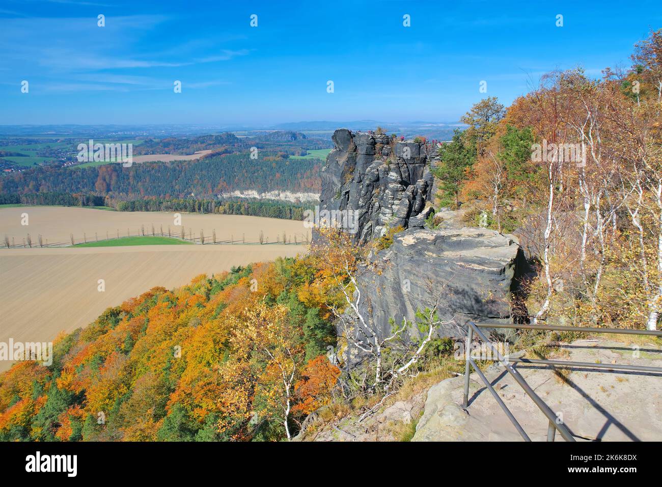 Elbe sandstone mountains in autumn, view from Lilienstein to mountains Baerensteine, Germany Stock Photo