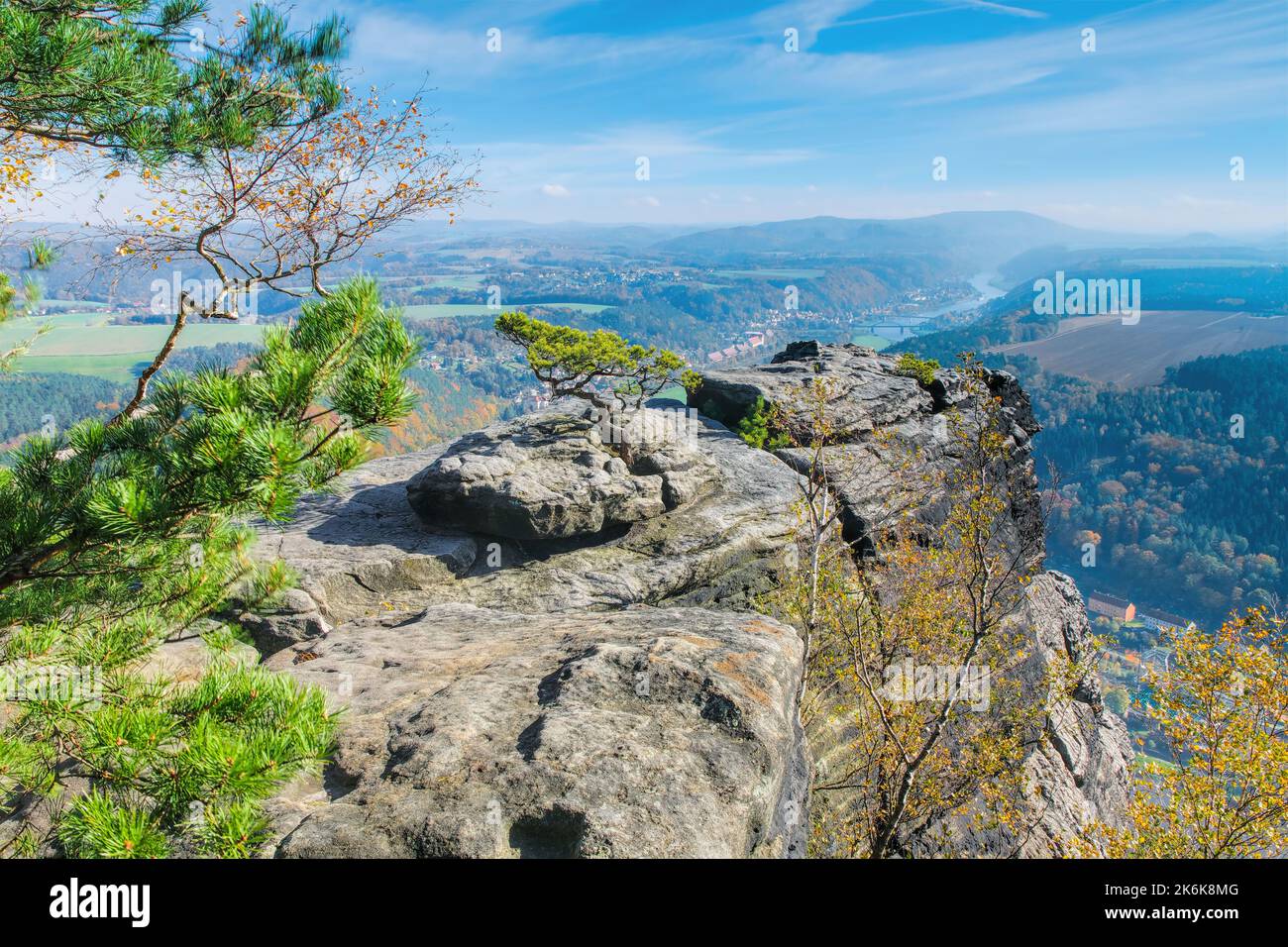 Elbe sandstone mountains in autumn, view from Lilienstein, Germany Stock Photo