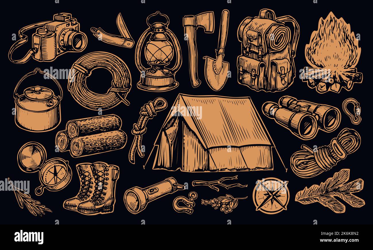 Camping equipment set sketch. Summer camp collection. Active holidays or local tourism concept. Vintage vector Stock Vector