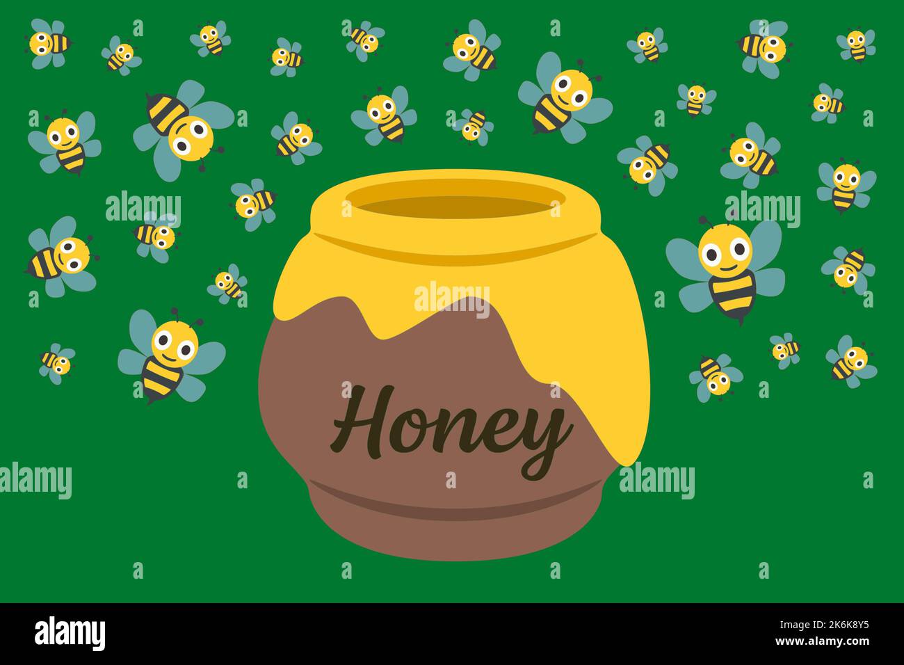 honey pot amid smiling bees,on green background copy space,vector