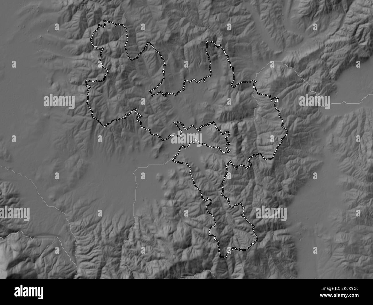 Gjilan, municipality of Kosovo. Grayscale elevation map with lakes and rivers Stock Photo