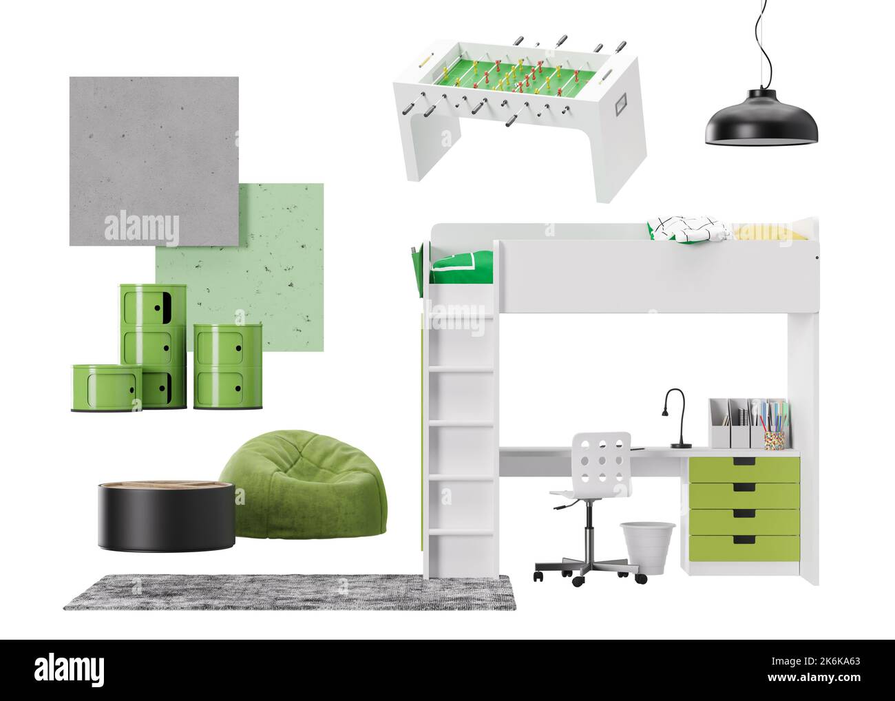 Interior design moodboard with isolated modern teenager room furniture