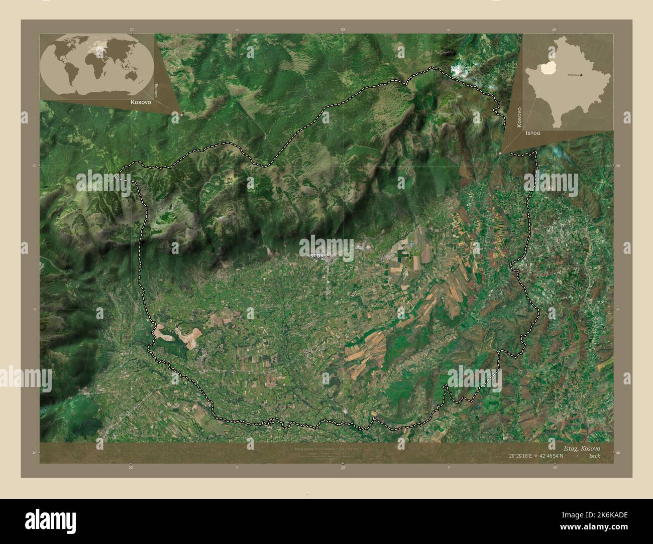 Istog, municipality of Kosovo. High resolution satellite map. Locations
