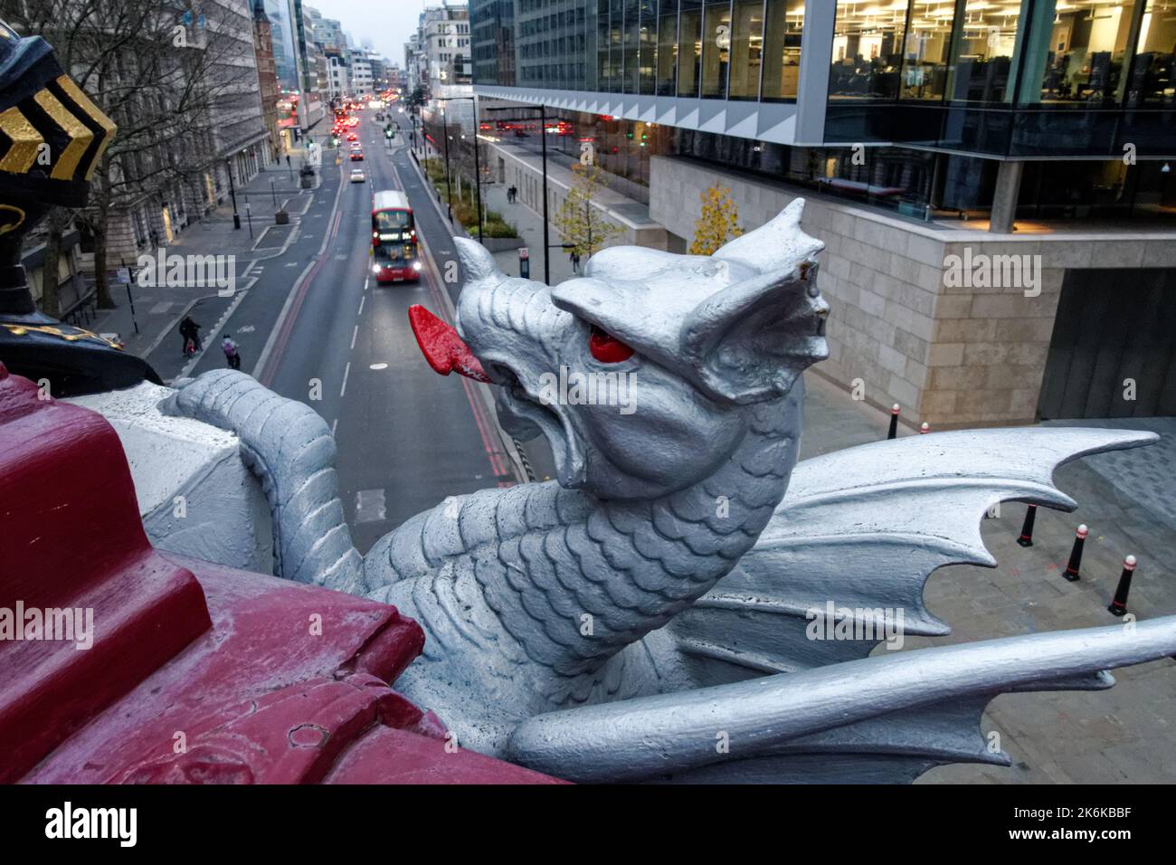 City of London dragon sculpture on Holborn Viaduct with Farringdon Street below, London England United Kingdom UK Stock Photo