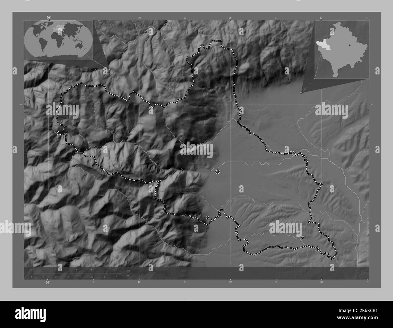 Peja, municipality of Kosovo. Grayscale elevation map with lakes and rivers. Locations of major