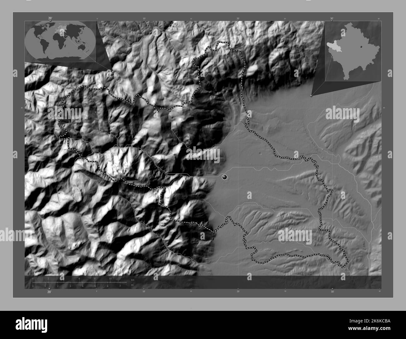 Peja, municipality of Kosovo. Bilevel elevation map with lakes and rivers. Corner auxiliary