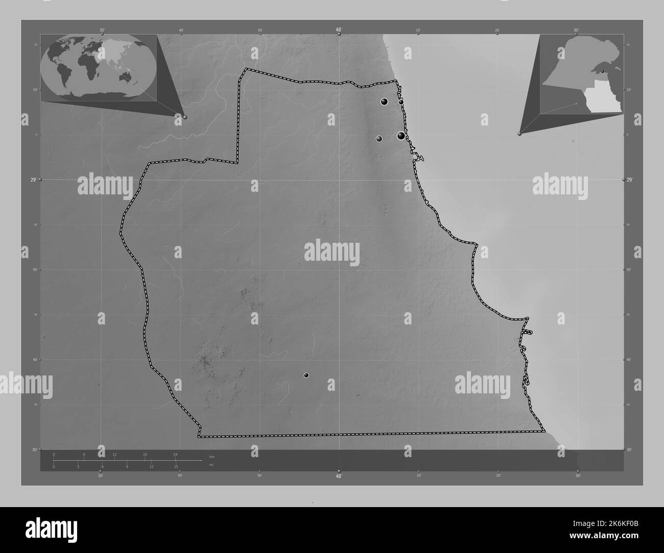 Al Ahmadi, province of Kuwait. Grayscale elevation map with lakes and rivers. Locations of major cities of the region. Corner auxiliary location maps Stock Photo