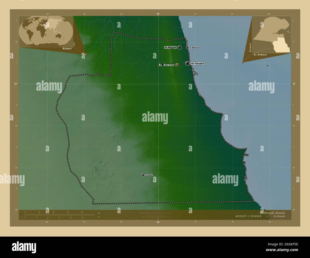 Al Ahmadi, province of Kuwait. Colored elevation map with lakes and
