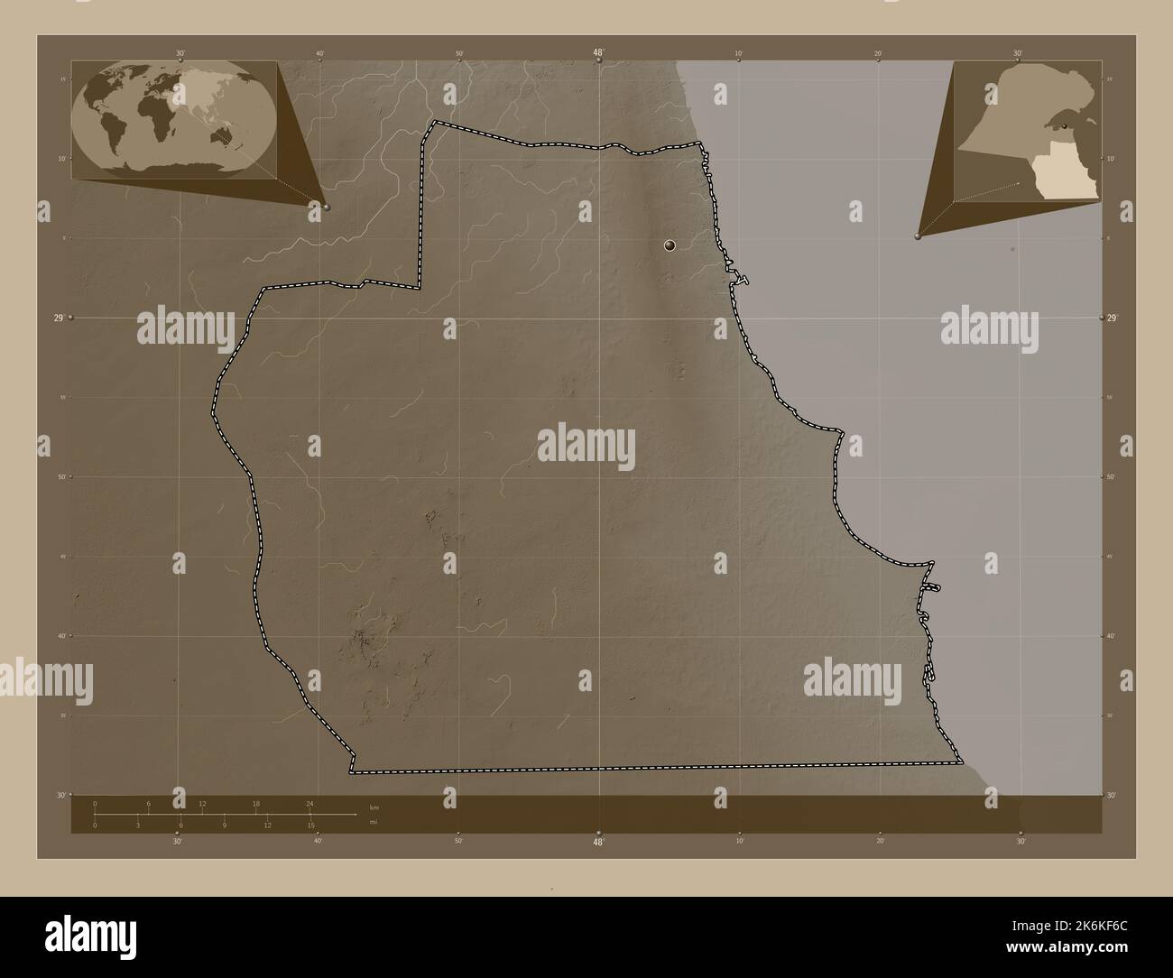 Kuwait map zoom border sepia hi res - Al Ahmadi Province Of Kuwait Elevation Map Colored In Sepia Tones With Lakes And Rivers Corner Auxiliary Location Maps 2K6KF6C